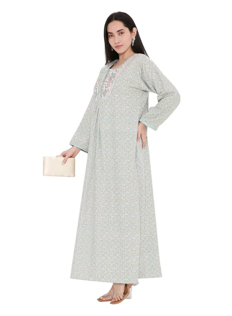 HANA & SARA ELEGANT FARASHA WITH UNIQUE THREAD EMBROIDERY AND STYLISH PRINTED MODEST ARABIC KAFTAN JALABIYA DRESS